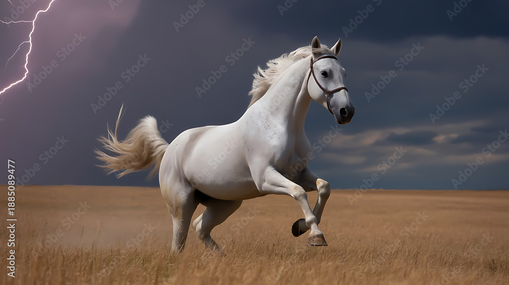 Fototapeta premium White horse running across dry field with lightning storm
