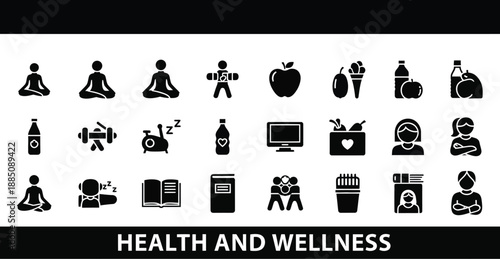Collection of black silhouette icons representing essential concepts related to physical fitness mental balance nutrition and overall healthy lifestyle choices for personal wellbeing documentation