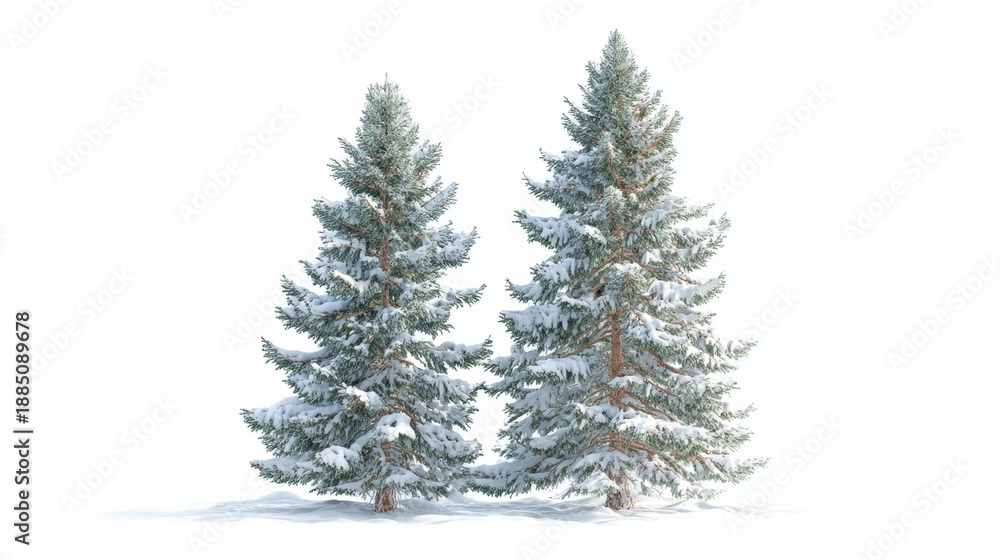 Obraz premium Two beautifully snow-covered evergreen trees standing majestically in a winter landscape surrounded by soft white snow creating a serene and peaceful atmosphere. Generative AI
