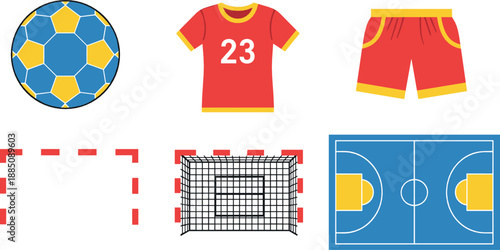 Soccer sport equipment illustration set with ball jersey shorts goal field and training markers for football design, coaching materials, and flat vector graphics
