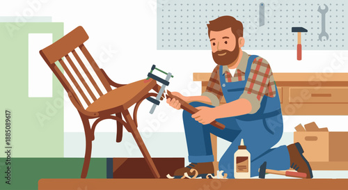 木匠修理木製品
Flat vector illustration of a carpenter repairing a wooden chair or table. Flat vector style, craftsmanship and care theme.