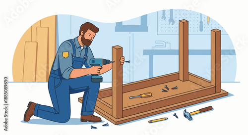  木匠組裝木製家具
Flat vector illustration of a carpenter assembling wooden furniture parts. Screws, tools, and table frame visible. Flat vector style, construction and design scene.