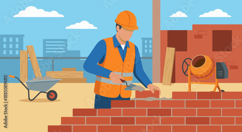 泥水匠砌磚施工
Flat vector illustration of a mason laying bricks with mortar using a trowel. Brick wall partially built, construction site background. Clean flat vector style, solid colors, no gradients.