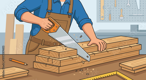 木匠切割木材
Flat vector illustration of a carpenter cutting wood using a saw. Focus on wood planks and cutting action. Flat vector style, clear and instructional.