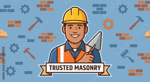友善泥水匠肖像
Flat vector illustration of a friendly mason smiling confidently, wearing a helmet and holding a trowel. Simple background with brick and construction icons. Flat vector style