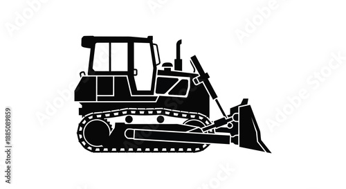 A striking black and white illustration depicts a robust bulldozer showcasing its powerful build and construction capabilities a bold silhouette