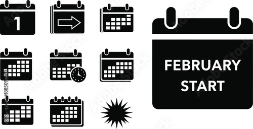 Collection of black and white calendar icons representing scheduling planning dates events and the important notification for february start signifying monthly planning deadlines