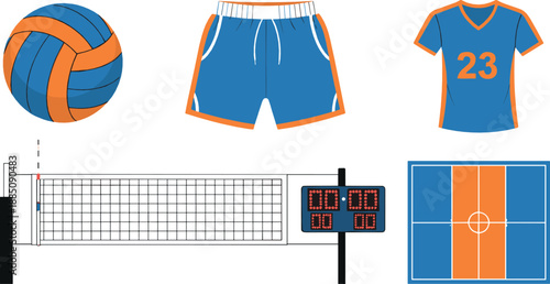 Volleyball sport equipment illustration set with ball net uniform jersey shorts scoreboard and court layout for training, tournaments, and flat vector design