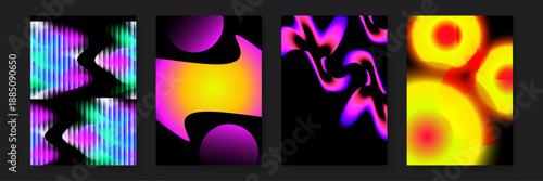 Vibrant abstract poster designs featuring fluid shapes and radiant neon glow effects with high contrast