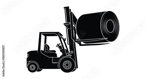 A stark depiction of a forklift truck lifting a large metal coil showcasing industrial strength and efficiency as a silhouette