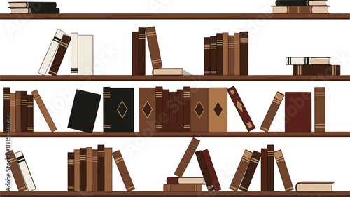 Bookshelf illustration set with stacked and standing books on wooden shelves for library interiors, education themes, reading concepts, and flat vector design