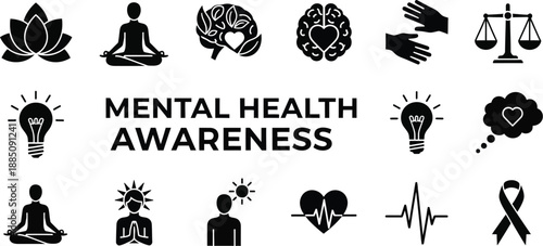 Collection of black and white icons representing various aspects of mental health awareness including yoga meditation lotus brain balance care and self-care concepts
