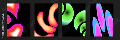 Minimalist poster layouts featuring vivid fluid motion and organic bioforms in green orange and blue