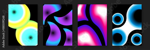 Abstract design set showcasing techno style gradient circles and wavy shapes in cyan and purple