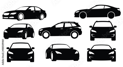 Modern sedan car body styles and automobile silhouette vector set