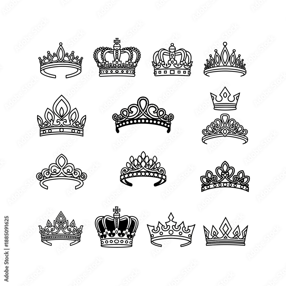Fototapeta premium A collection of various detailed crown and tiara designs, illustrating different styles of royal headwear as elegant black line art.