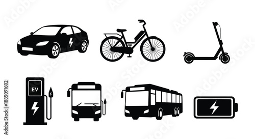 Electric vehicle and charging station vector icon set