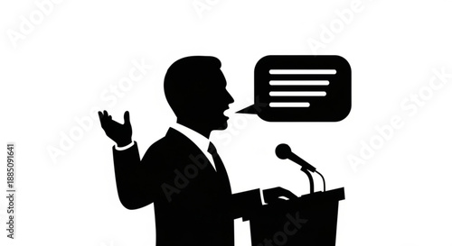 Businessman giving a speech from a podium with a microphone and speech bubble
