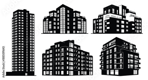 Modern apartment and office building silhouettes vector set