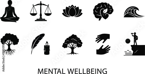 Collection of silhouette icons representing crucial elements for achieving mental wellbeing including meditation balance nature connection and self-care concepts