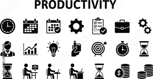 Collection of essential black and white vector icons illustrating various concepts related to effective business productivity time management goal achievement and workflow organization