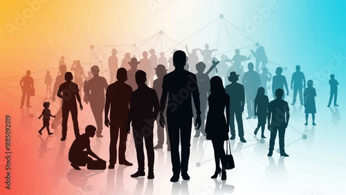 Diverse Crowd Silhouettes Against Colorful Gradient Background.