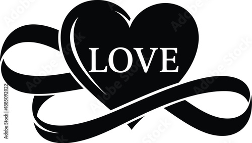 Elegant black and white vector design featuring the word love inscribed inside a stylized heart shape embraced by a swirling infinity ribbon element perfect for romantic graphics