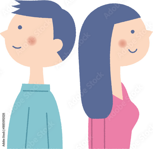 背中合わせに立つ若い女性