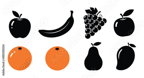 Fresh fruit silhouette set with apple banana and orange vector