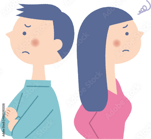 不満げな表情の背中合わせの男女