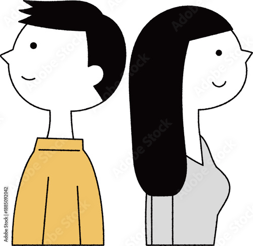 背中合わせに立つ若い女性単色