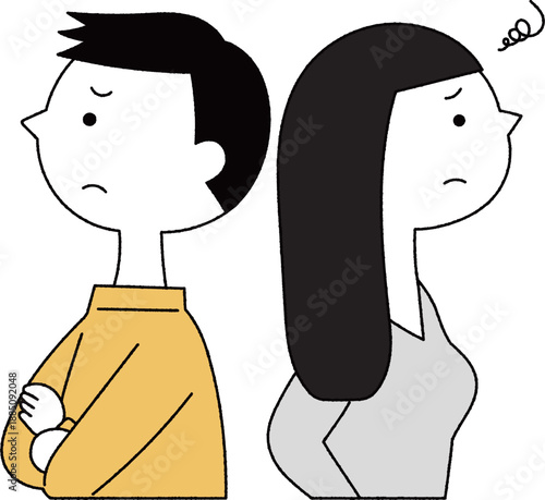 不満げな表情の背中合わせの男女単色