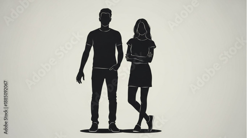 Silhouette Couple Standing Together Isolated on White Background.