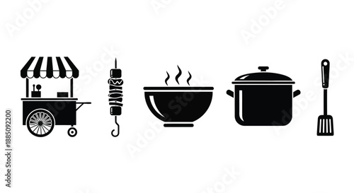 Street food cart and cooking equipment silhouette vector set