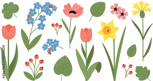 Wallpaper Mural Hand drawn spring flower and leaf illustration set with wildflowers and botanical elements for nature design, invitations, stationery, and flat vector art Torontodigital.ca