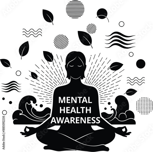 Silhouette of a person meditating in the lotus position symbolizing tranquility peace and the vital importance of mental health awareness against a minimalist abstract background