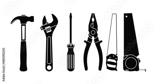 Hand tools silhouette set with hammer wrench and screwdriver vector