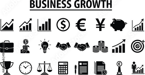 A collection of black and white business growth icons representing various financial concepts like currency symbols charts investments planning and successful achievement symbols.