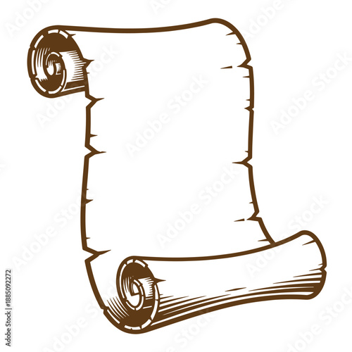 Drawing Vintage grunge  texture Brown parchment scroll with rolled ends and rough edges on white background