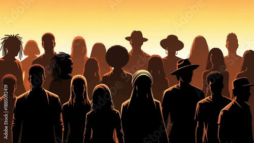 Diverse Group of People Silhouetted Against Warm Sunset Sky.