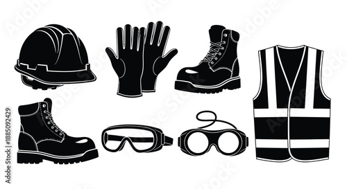 Personal protective equipment set with hard hat boots and vest vector