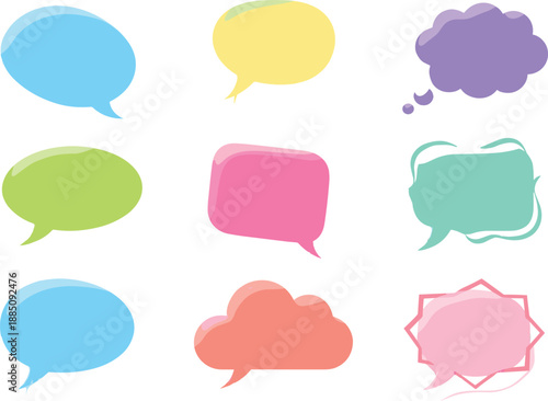 Colorful speech bubble and chat cloud shape set with rounded dialog elements for messaging apps, social media, UI design, and flat vector illustration