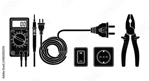 Electrical tools set with multimeter plug and pliers vector silhouette