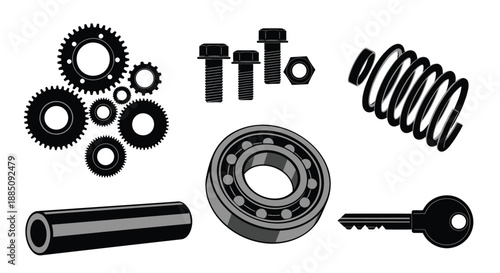 Mechanical engineering parts with gears bearings and spring vector