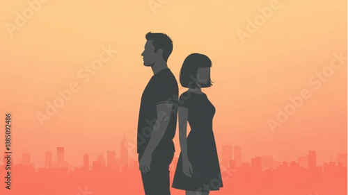 Couple Silhouetted Back to Back Against Warm Sunset Sky.