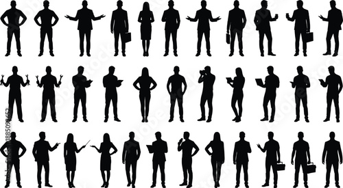 Business people silhouette collection showing professional men and women in various poses, corporate teamwork and leadership concept, black figures isolated