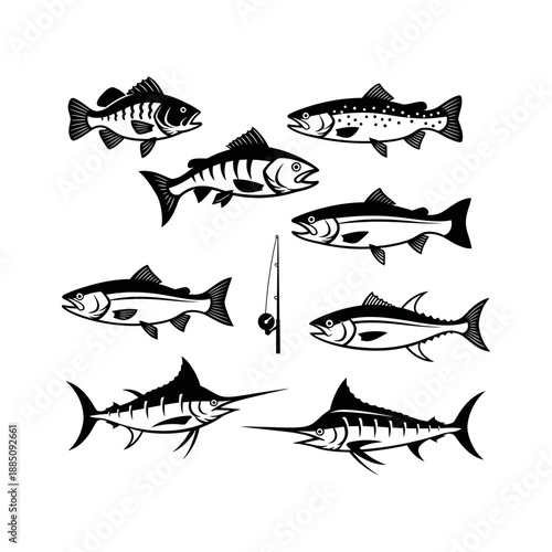Collection of diverse fish species and a fishing rod rendered in a monochrome vector illustration.