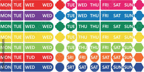 Colorful weekly planner and calendar label set with days of the week tags for scheduling, organization, bullet journals, planners, and flat vector design