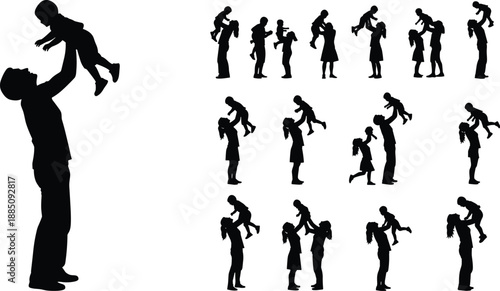 Father lifting baby silhouette collection showing loving parenting moments, family bonding poses, joyful childhood care concept, black figures isolated background