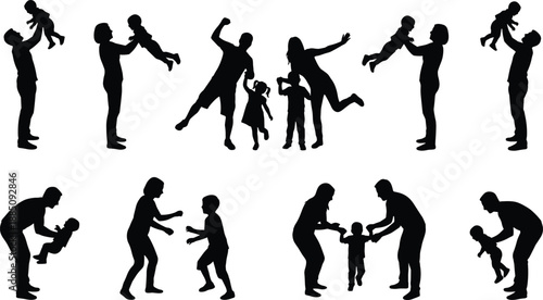 Happy family silhouette collection showing parents and children playing together, joyful bonding moments, love and togetherness concept, black figures isolated